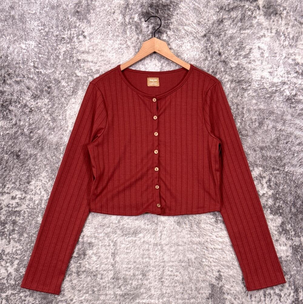 New Free People Top Large Womens Red Ribbed Crop Cardigan Button Down